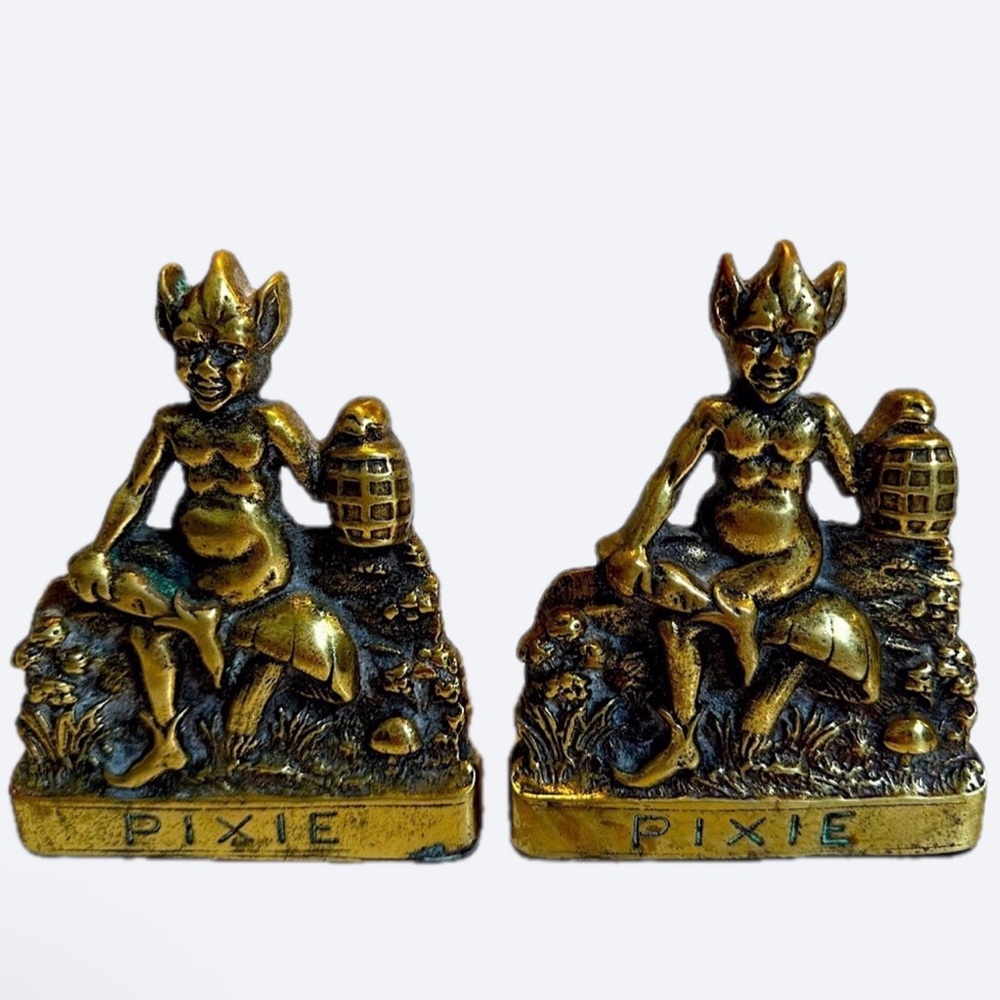 RARE‼️ ANTIQUE BRONZE DARTMOOR ENGLAND PIXIE ELF MUSHROOM GOTHIC STATUE BOOKENDS